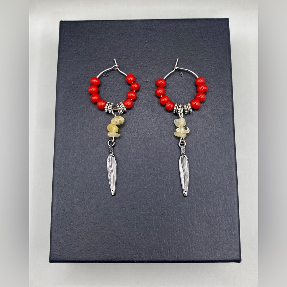 🌼🪶Citrine Pewter Feather Hoop Earrings